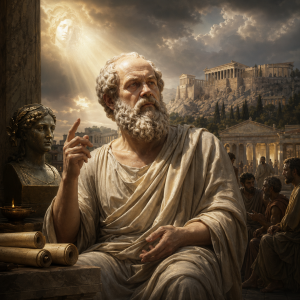 Ein nachdenklicher griechischer Philosoph sitzt in einem klassisch-athenischen Raum, waehrend ein warmes Licht von oben auf ihn faellt.