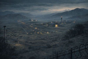 Abgelegene Wuesten-Testbasis bei Daemmerung mit Landebahn, Hangars, Bergen und militaerischer Atmosphaere.