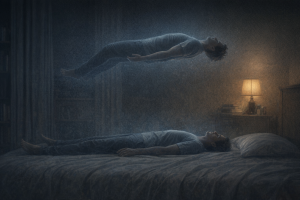 Eine Person schwebt ruhig ueber ihrem eigenen Koerper in einem abgedunkelten Zimmer mit sanftem Licht.