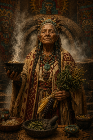 Elderly Mexica goddess in earth-toned garments with healing herbs, copal smoke and temazcal steam in a ritual setting.