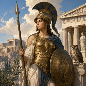 Eine gepanzerte Frau mit Helm, Speer und Schild steht vor einem antiken Tempel und einer Stadtkulisse, begleitet von einer Eule und Olivenzweigen, ohne Schrift oder moderne Gegenstaende.