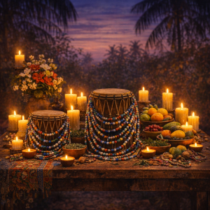 Afro-brasilianischer Ritualaltar mit Kerzen, Trommeln, Blumen, Schalen, Fruechten und Perlen in tropischer Abendstimmung, ohne Menschen oder Text.