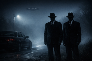 Zwei geheimnisvolle Maenner in schwarzen Anzuegen stehen nachts in einer unheimlichen Strassenszene neben einem dunklen Wagen, ohne Schrift oder Logos.