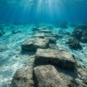 Eine lineare Reihe grosser Steinbloecke auf dem sandigen Meeresboden unter klarem blauem Wasser, ohne Text oder Menschen.