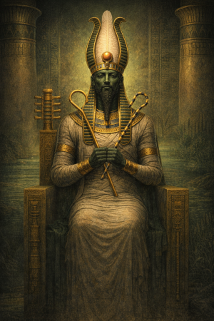 Osiris als gruenlich schimmernder Mumienkoenig mit Atef-Krone, Krummstab und Geissel auf einem Thron in einer stillen Tempelhalle.