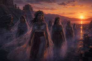 Mehrere geisterhafte Frauen in vorspanischen Gewaendern schreiten bei rotem Abendlicht zwischen Tempelstufen und dunkler Landschaft, ohne Schrift oder moderne Gegenstaende.