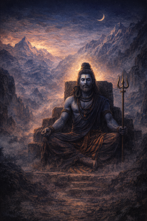Shiva sitzt meditativ mit Dreizack in einer bergigen Landschaft unter blauem Abendhimmel und spirituellem Lichtschein.