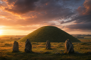 Grosser grasbewachsener praehistorischer Erdhuegel in offener Landschaft bei tief stehender Sonne mit einigen stehenden Steinen im Vordergrund, ohne Schrift oder Logos.