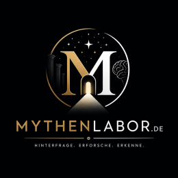 Logo von Mythenlabor.de mit golden-weisser M-Form, Sternen, antiken Saeulen, Gehirnlinie und hellem Portal auf schwarzem Grund.