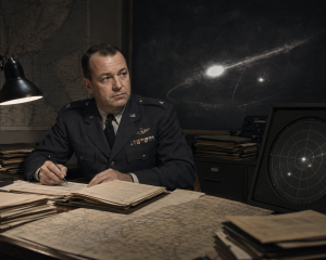 Ein US-Air-Force-Offizier der 1950er Jahre sitzt an einem Schreibtisch mit Akten, Karten und Radaranzeigen, waehrend im Hintergrund ein leuchtendes Himmelssignal sichtbar ist, ohne Schrift oder Logos.