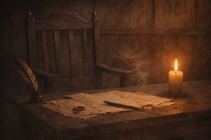 Dunkler historischer Verhandlungsraum mit Kerze, Akten, Feder, Siegel und leerem Stuhl ohne Schrift.