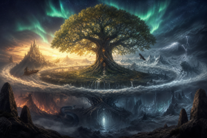Weit gespannte mythische Landschaft mit Weltenbaum, nordischem Himmel, Bergsilhouetten und Kampfspuren zwischen Licht und Nebel ohne Schrift oder Logos.