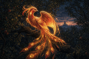 Leuchtender Feuervogel mit goldgluehendem Gefieder auf einem Ast in einer dunklen Obstbaumlandschaft bei Daemmerung ohne Schrift oder Logos.