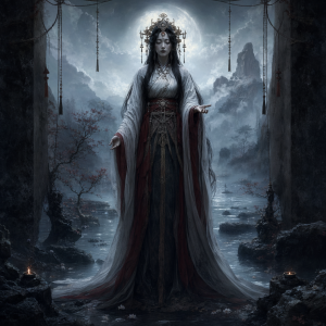 Mythische japanische Goettin in einem duesteren, nebeligen Grenzraum zwischen Wald, Felsen und Schatten, mit ruhiger aber unheimlicher Ausstrahlung.