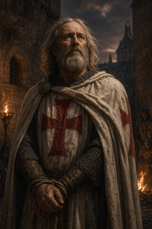 Ein ernster mittelalterlicher Rittermeister in hellem Templermantel mit rotem Kreuz steht vor einer dunklen steinernen Kulisse im Schein von Feuer und Abendlicht, ohne Schrift oder Logos.