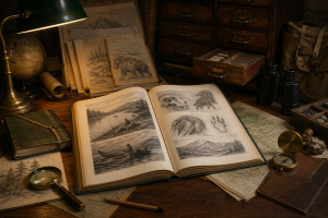 Ein geoeffnetes Fachjournal auf einem Schreibtisch mit Tierzeichnungen, Karten, Notizen und naturkundlichen Objekten in atmosphaerischem Licht, ohne Text oder Logos.