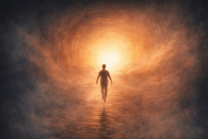 Eine Person schwebt in einem stillen, lichtdurchfluteten Uebergangsraum zwischen dunkler Tiefe und warmem Horizont.