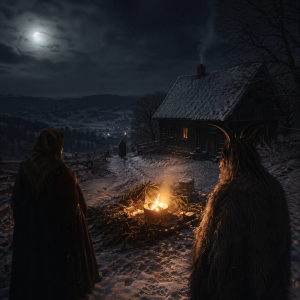 Eine winterliche Hofszene bei Nacht mit Feuerstelle, Schnee, dunklem Himmel und zwei verschleierten Gestalten im Vordergrund.