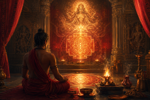 Ritualszene mit meditierender Gestalt vor leuchtendem Yantra, Opferfeuer, Kupferschalen und einer stilisierten Goettin im goldroten Licht, ohne Schrift oder moderne Gegenstaende.