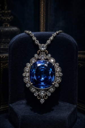 Tiefblauer Diamant in historischer Fassung vor dunklem Hintergrund mit kaltem Licht und museumshaftem Glanz.