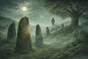 Neblige keltische Landschaft mit Steinkreis, alter Eiche und einer schemenhaften heiligen Gestalt im Mondlicht.
