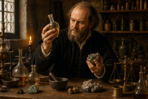 Ein fruehneuzeitlicher Gelehrter in dunkler Kleidung untersucht in einer warm beleuchteten Studierstube Phiolen und Mineralien auf einem Holztisch ohne Schrift im Bild.