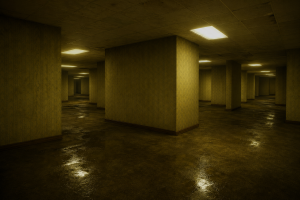 Endlos wirkender gelber Innenraum mit fluoreszierendem Licht, feuchtem Boden und mehreren rechtwinklig versetzten Fluren, ohne Menschen, Schrift oder Logos.