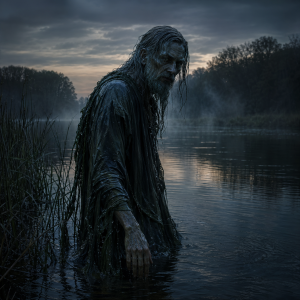 Ein geheimnisvoller maennlicher Wassergeist steht in der Daemmerung am Ufer eines stillen Flusses, halb im Schatten, halb vom Wasserlicht erfasst.