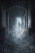 Nebelige Innenraumszene mit geisterhafter Stimmung und unerklaerlichem Licht ohne Schrift.