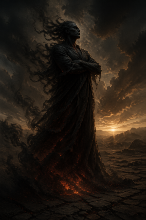 Eine dunkle, stolze Gestalt aus Rauch, Schatten und schwachem Feuerlicht steht in einer weiten, unheimlichen Landschaft, ohne Schrift oder moderne Gegenstaende.