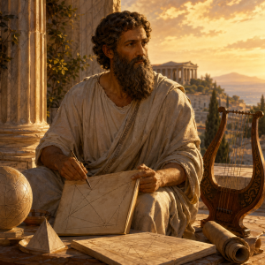 Ein antiker Denker in hellem Gewand steht in einem saeulengerahmten Raum vor geometrischen Tafeln und einer Lyra im warmen Licht, ohne Schrift oder moderne Gegenstaende.