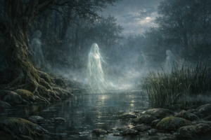 Nebeliger Wald- und Wasserraum in der Daemmerung mit schimmernden, naturverbundenen Andersweltgestalten ohne erkennbare Schrift oder Symbole.