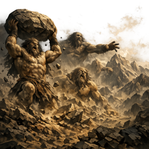 Mehrere gewaltige Urwesen stehen in zerborstenem Fels und Staub, einer hebt einen Felsenblock, ohne Schrift oder moderne Gegenstaende.