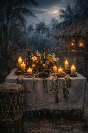 Haitianischer Ritualaltar mit Kerzen, Blumen, Perlen, einer Trommel und einem Kreuz in tropischer Nacht, ohne Menschen oder Text.