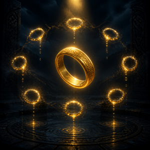 Ein goldener Ring schwebt ueber dunklem nordischem Hintergrund, aus dem sich acht weitere leuchtende Ringe in kreisfoermiger Ordnung loesen, ohne Schrift oder moderne Gegenstaende.