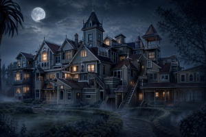 Verschachtelte viktorianische Villa bei Nacht mit turmreichen Daechern, verwinkelten Fenstern, nebligem Garten und unheimlicher Beleuchtung, ohne Schrift oder Logos.