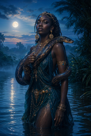 Eine geheimnisvolle Wassergeistfrau mit Schlange und goldenem Schmuck steht im blauen Daemmerlicht an einer tropischen Lagune.