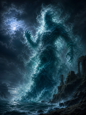 Ein gewaltiges, geheimnisvolles Geistwesen aus Wassernebel, Rauch und blaugruenem Licht erhebt sich ueber dunklem Meer und zerkluefteter Kueste, ohne Schrift oder moderne Gegenstaende.