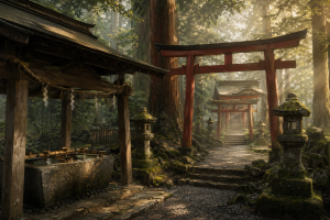 Japanischer Schrein mit roten Torii im Morgennebel, umgeben von alten Baeumen und stiller sakraler Stimmung, ohne Schrift oder Logos.