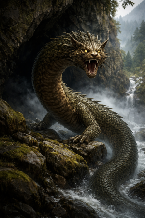 Tatzelwurm mit langem, schlangenartigem Koerper und katzenaehnlichem Kopf in felsiger alpiner Landschaft.