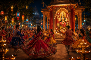 Festliche hinduistische Szenerie mit farbig gekleideten Taenzern, Oellampen und einem leuchtenden Durga-Heiligtum ohne Schrift oder moderne Elemente.