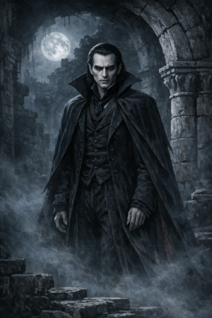 Duestere, blasse vampirische Gestalt in nachtlicher Schloss- oder Ruinenumgebung ohne Schrift oder moderne Elemente.