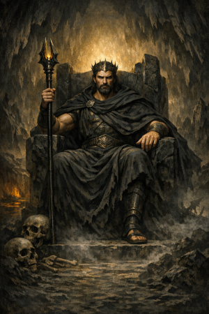 Thronender Hades mit dunklem Mantel und Zepter sitzt in einer felsigen Unterwelt vor bluassem goldenen Licht und nebligen Schatten.