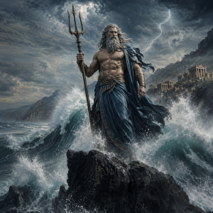 Griechischer Meeresgott mit Dreizack auf einem Felsen im Sturm, umgeben von Wellen und dunklen Wolken.
