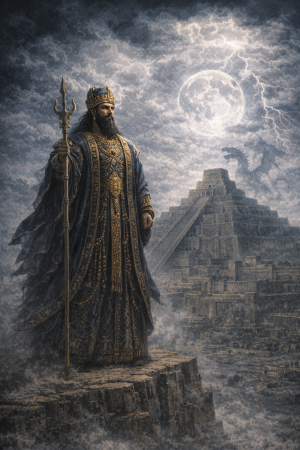 Marduk als babylonischer Ordnungsgott mit koeniglichem Szepter vor monumentaler Tempelarchitektur und sturmbewegtem Himmel ohne Schrift.