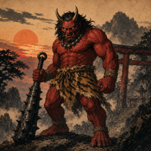 Ein roter Oni mit Hornern, Tigerfell und schwerer Keule steht vor einem Torii in einer bergigen Landschaft bei Sonnenuntergang.