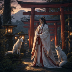 Eine geheimnisvolle goettliche Gestalt in weissem und rotem Gewand steht in der Daemmerung vor roten Torii eines japanischen Schreins, begleitet von stillen weissen Fuechsen und warmem Laternenlicht.