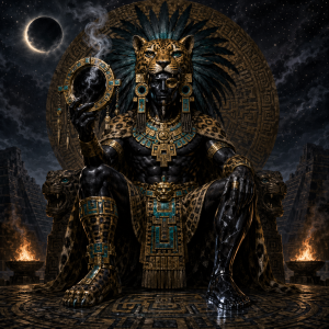 Ein aztekischer Gott mit Jaguarzeichen, Obsidianspiegel und dunkler Feierraesthetik sitzt vor einer sternklaren Nacht, ohne Schrift oder moderne Gegenstaende.