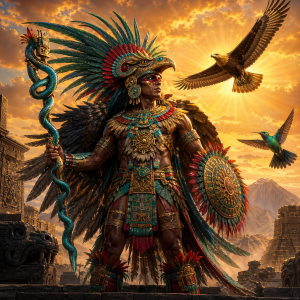 Ein mexicaischer Sonnengott mit Federkrone, Schild und Schlangenstab vor einem strahlenden Himmel, ohne Schrift oder moderne Gegenstaende.