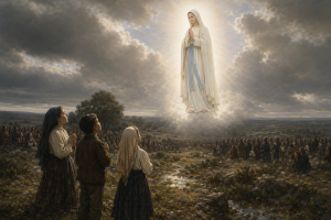 Leuchtende weibliche Lichtgestalt ueber einer portugiesischen Wiese, davor drei Hirtenkinder und eine betende Menschenmenge unter dramatischem Himmel.